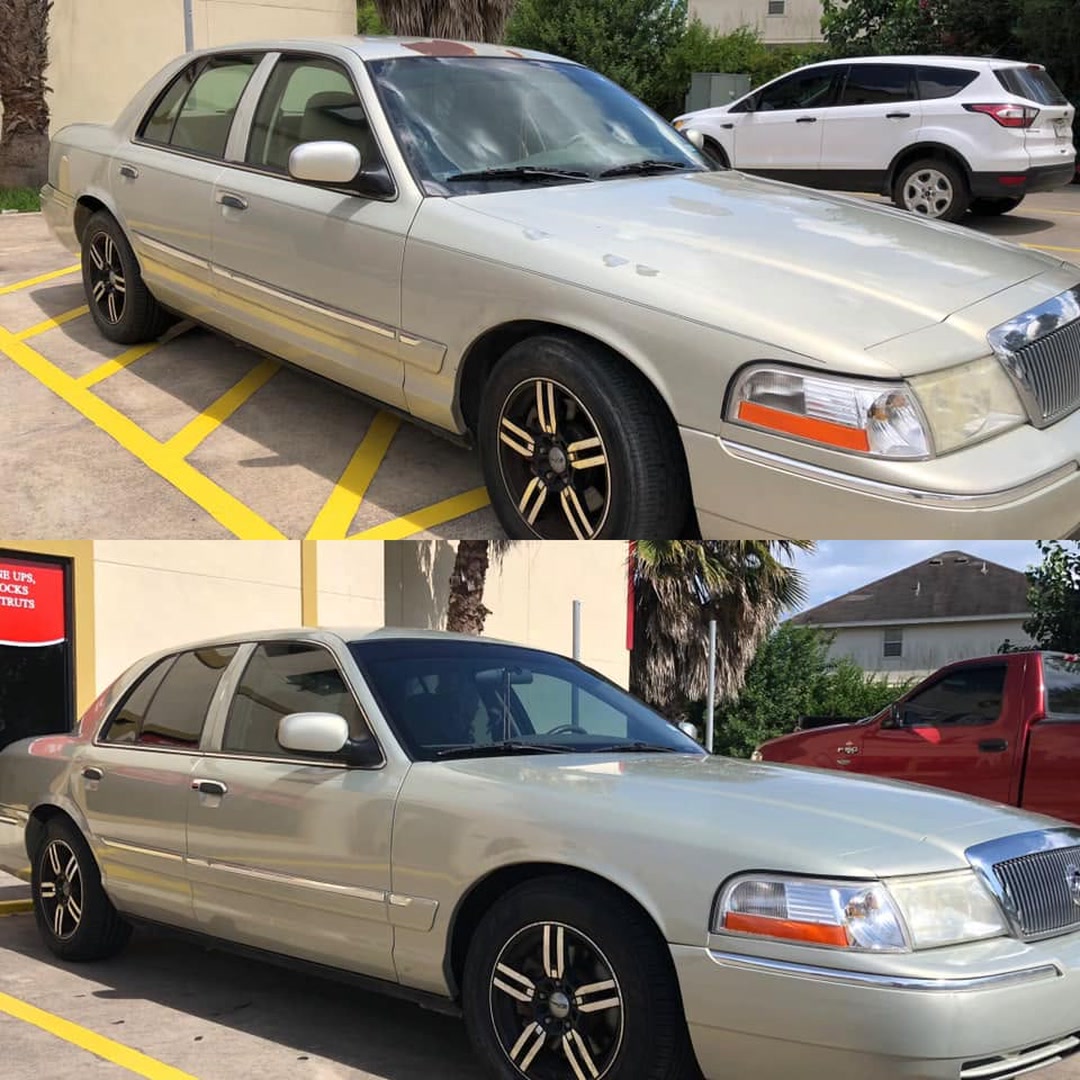 Before and after refinishing sun-damaged clear coat on the hood and roof of a Mercury Grand Marquis in Brownsville, TX