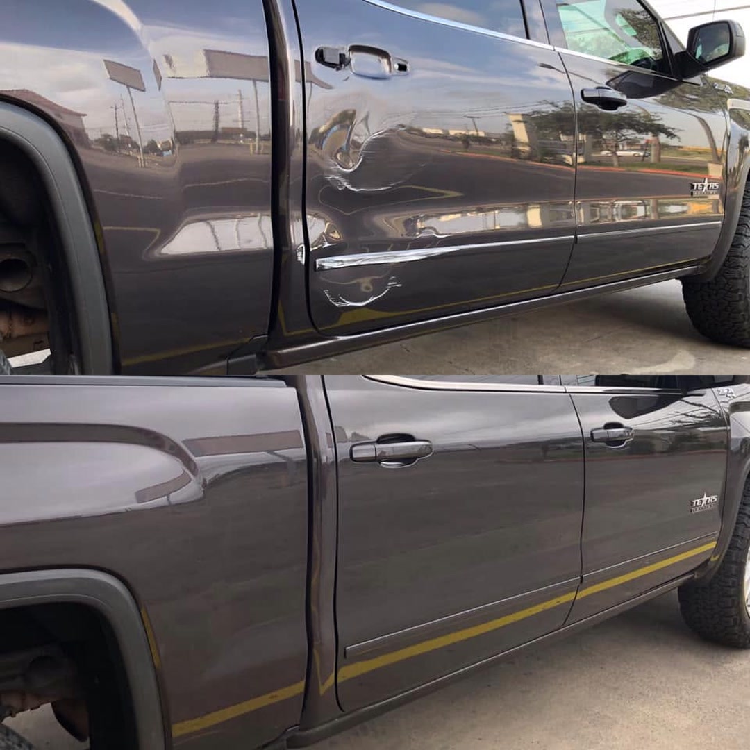 Before and after removal of a long crease dent along the door of a GMC Sierra in Brownsville, TX