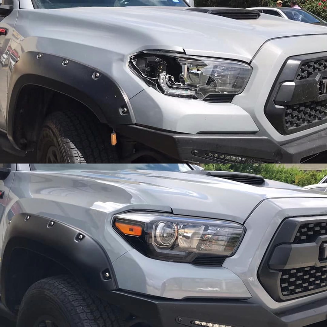 Before and after repair of a smashed headlight and front fender on a Toyota Tacoma in Brownsville, TX