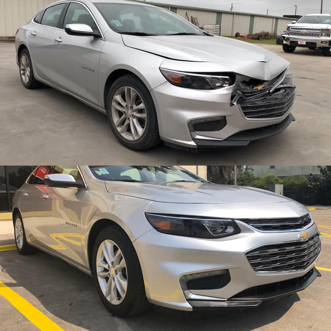 Before and after collision repair on the front end of a Chevrolet Malibu at Superior Collision in Brownsville, TX