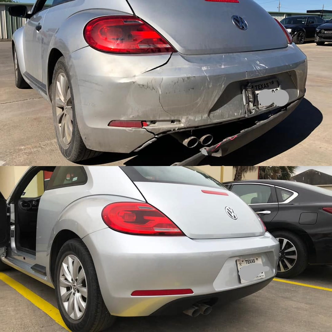 Before and after rear bumper cover repair on a Volkswagen Beetle at Superior Collision in Brownsville, TX