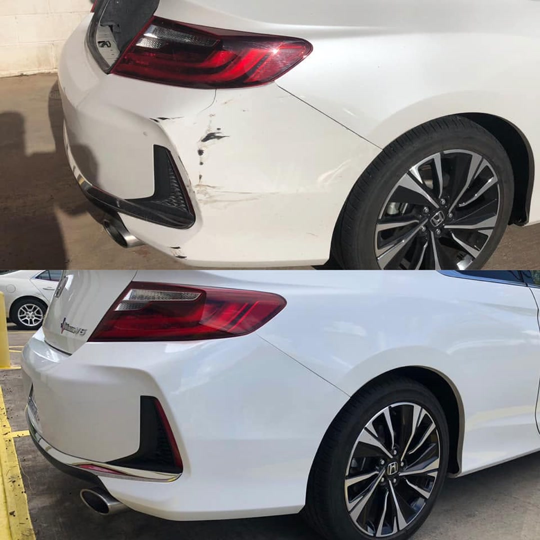 Before and after rear quarter panel repair on a Honda Accord at Superior Collision in Brownsville, TX