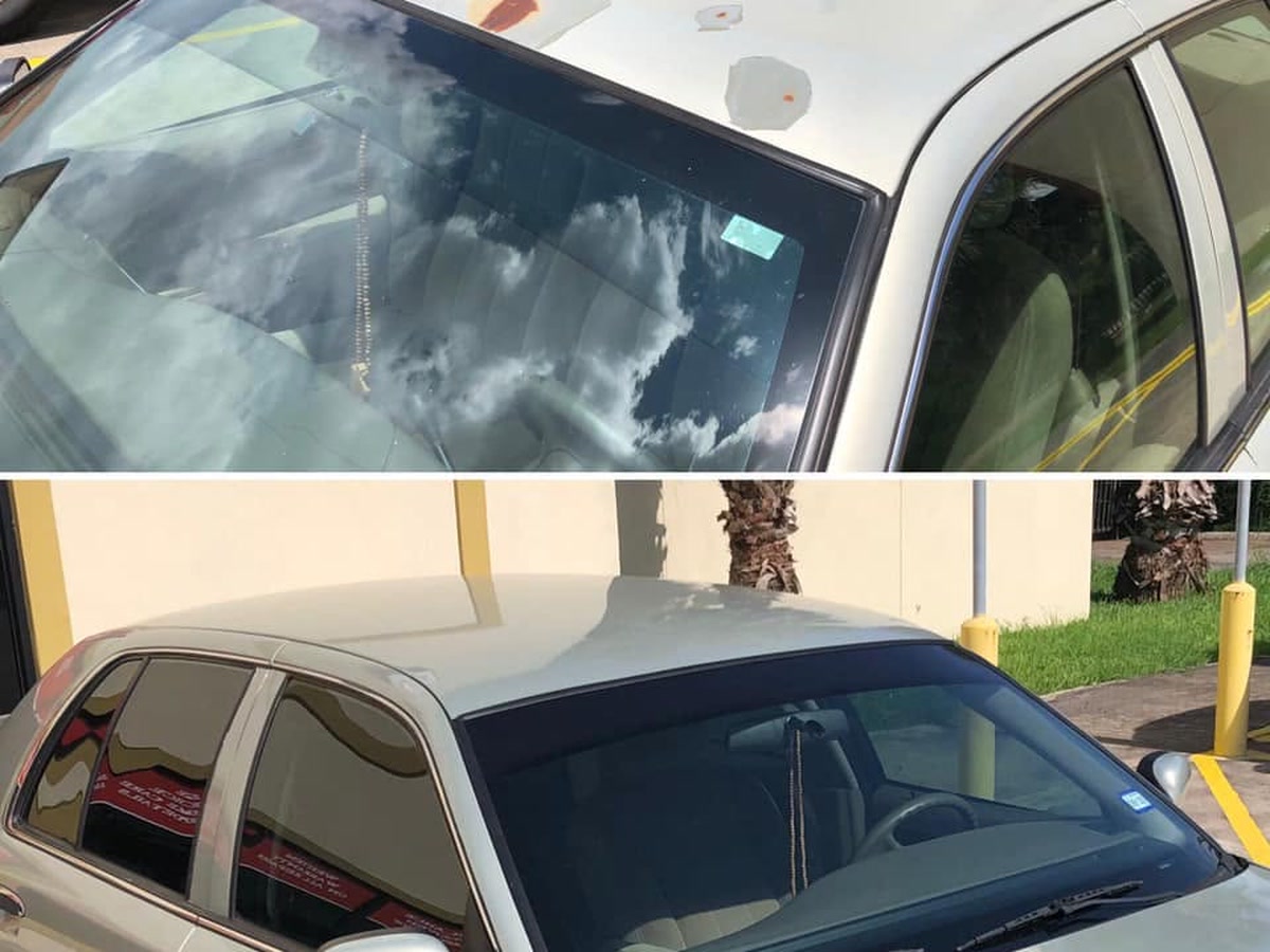 Sun-faded clear coat on a vehicle roof being refinished in Brownsville, TX