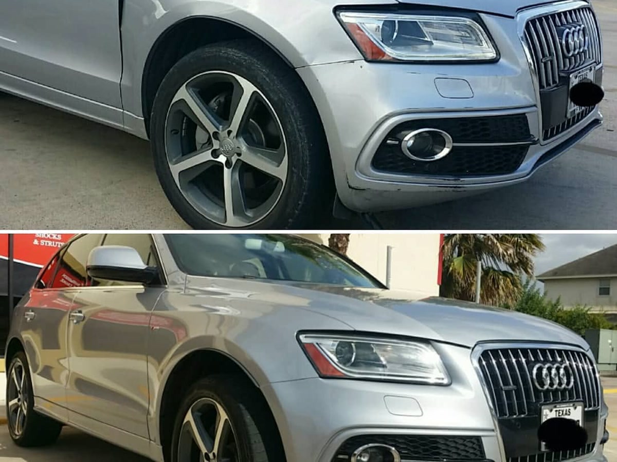 Before and after front-end body and paint repair on an SUV at Superior Collision, serving San Benito, TX