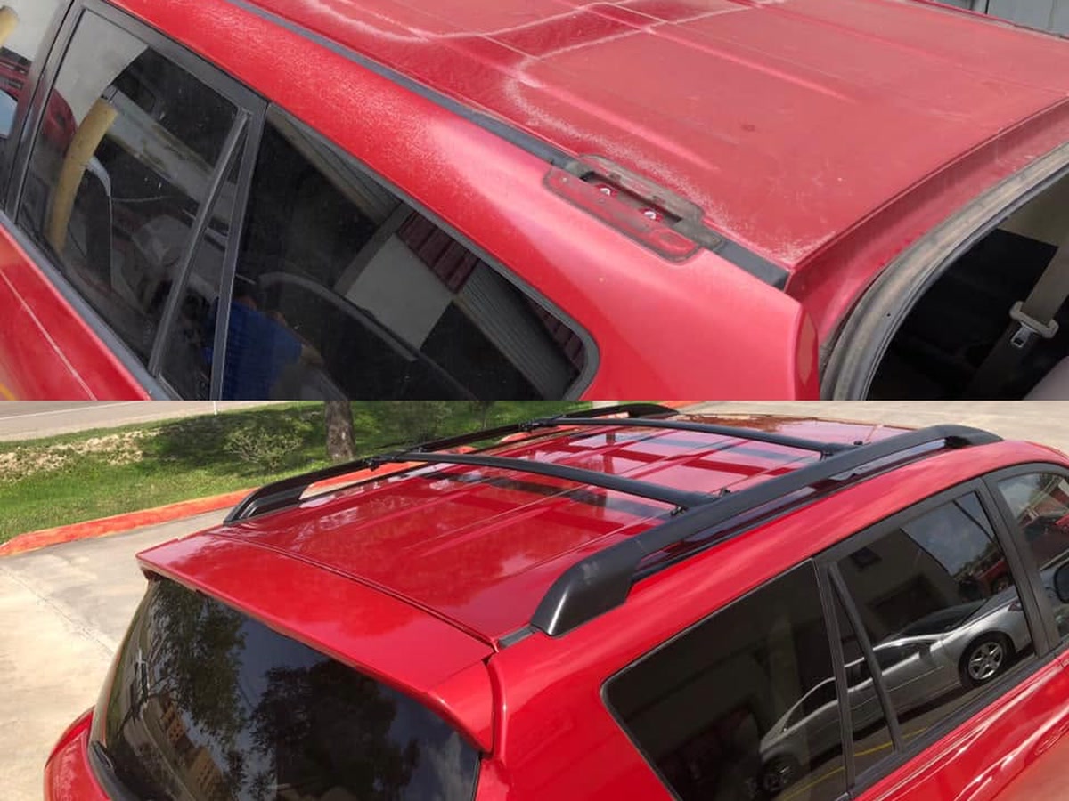 Before and after panel repair on the roof of a red SUV at Superior Collision in Brownsville, TX